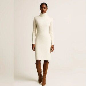 Qi Cashmere Ribbed Turtleneck Sweater Dress Sz S Ivory Knit Midi